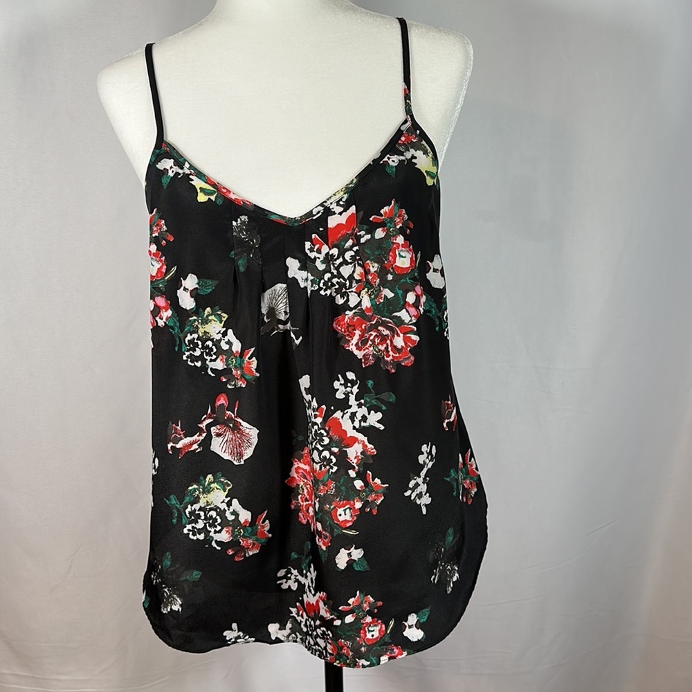 Talula Black Floral Silk-Feel Spaghetti Strap Tank